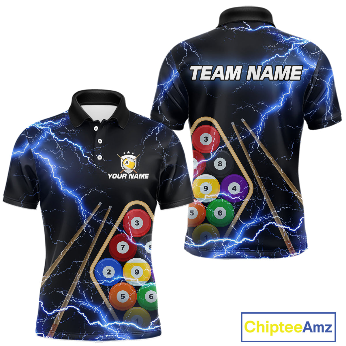 Blue 9 Ball Thunder Lightning Billiard Shirts For Men Custom 9 Ball Pool Team Jersey Polo, 1/4 Zip TDM5633