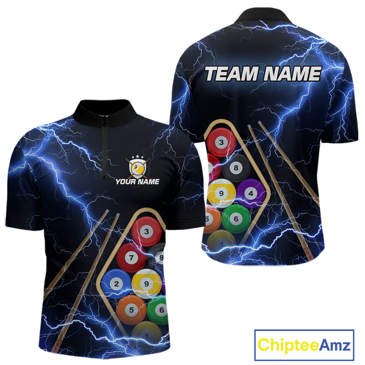Blue 9 Ball Thunder Lightning Billiard Shirts For Men Custom 9 Ball Pool Team Jersey Polo, 1/4 Zip TDM5633