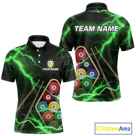 Green 9 Ball Thunder Lightning Billiard Shirts For Men Custom 9 Ball Pool Team Jersey Polo, 1/4 Zip TDM5634