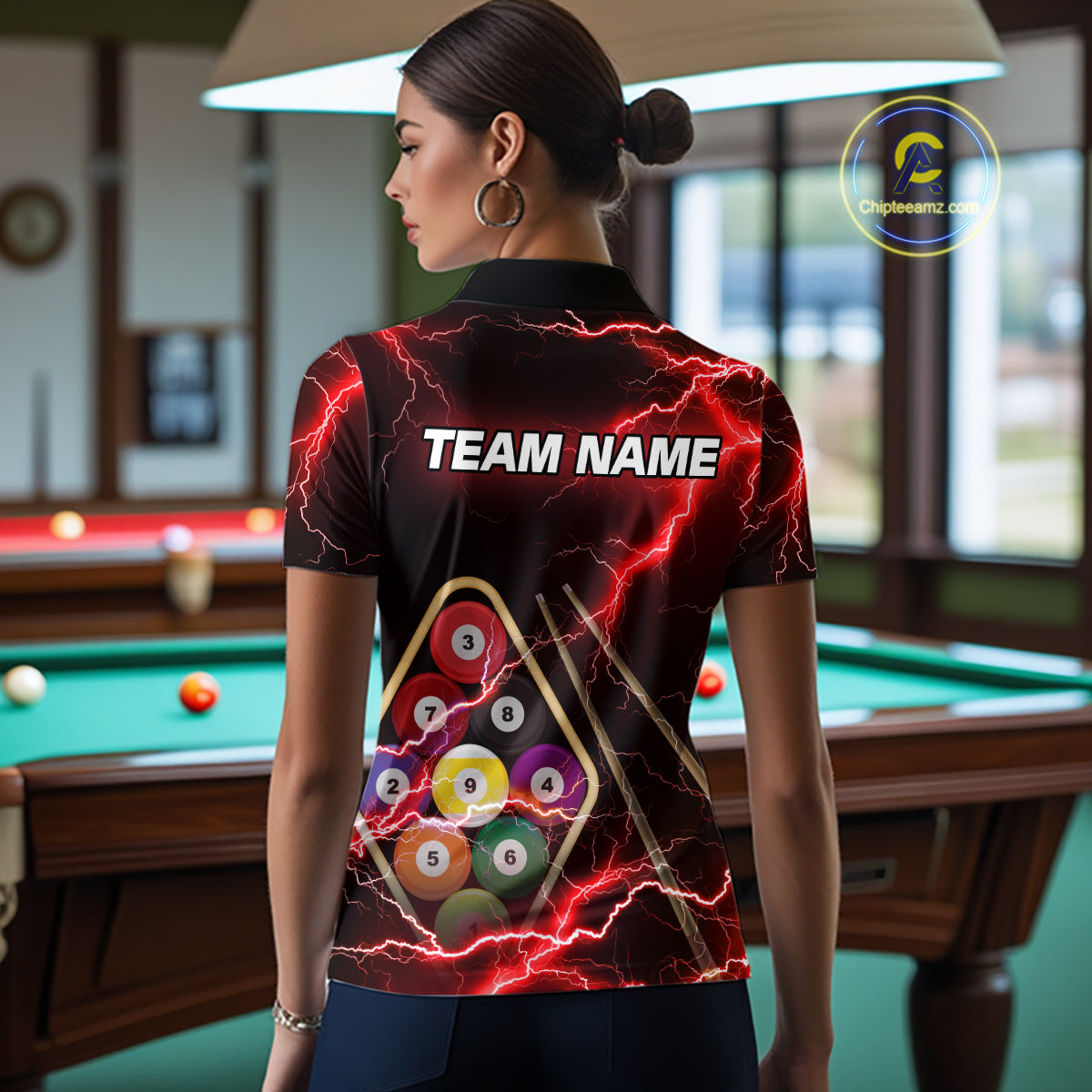Red 9 Ball Thunder Lightning Billiard Shirts For Women Custom 9 Ball Pool Team Jersey Polo & 1/4 Zip TDM5635