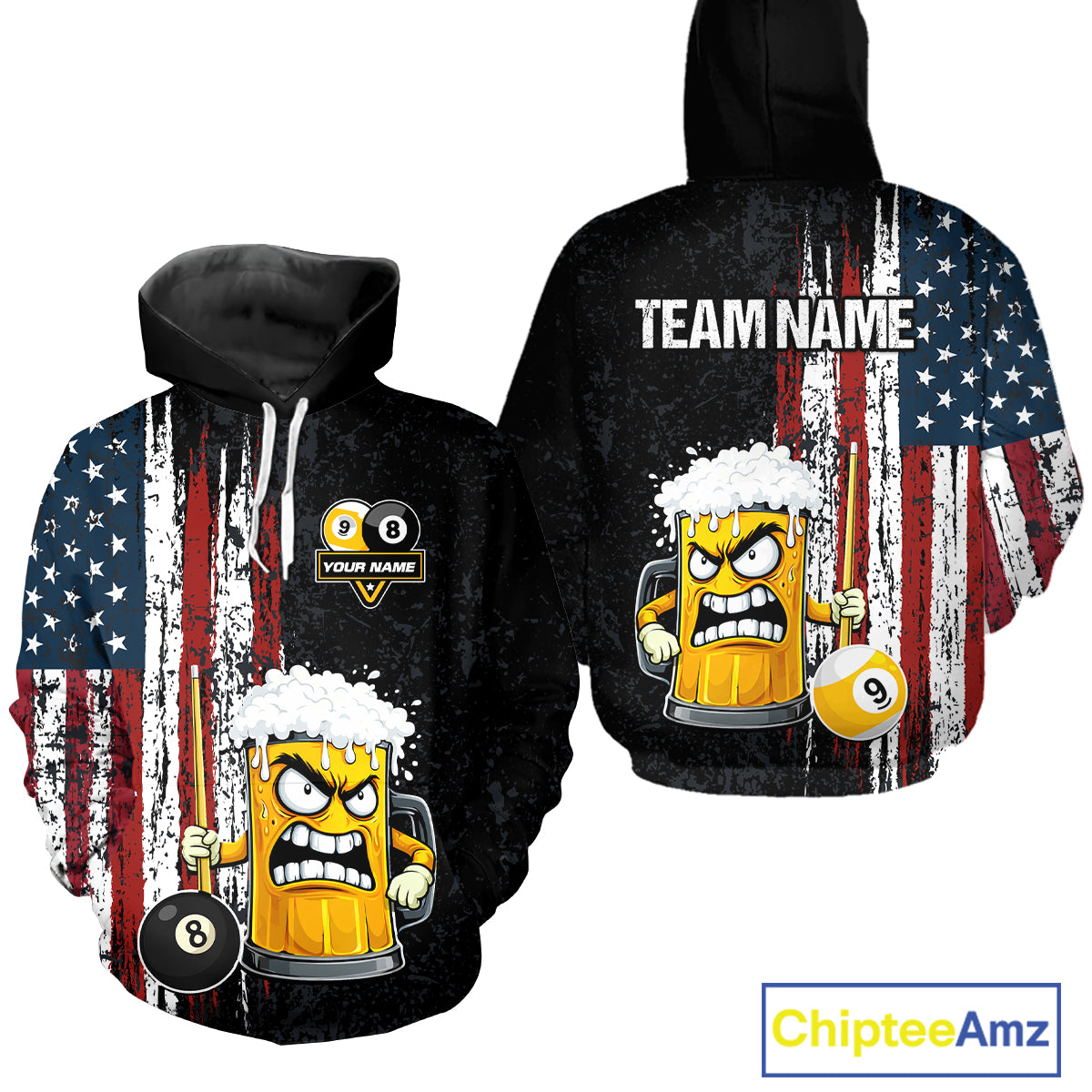 Funny Angry Beer 8 Ball & 9 Ball Billiard Hoodie Custom American Flag Pool Hoodie Team Jersey TDM5636