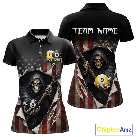Grim Reaper 8 Ball & 9 Ball Pool American Flag Billiard Shirt For Women Custom Billiard Team Jersey TDM5638
