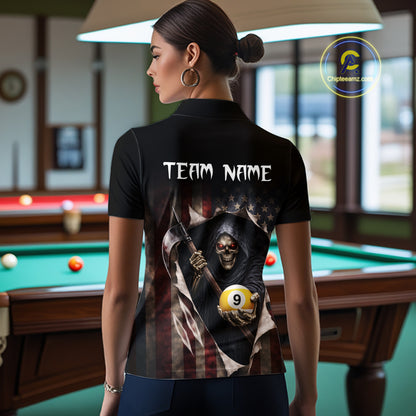 Grim Reaper 8 Ball & 9 Ball Pool American Flag Billiard Shirt For Women Custom Billiard Team Jersey TDM5638