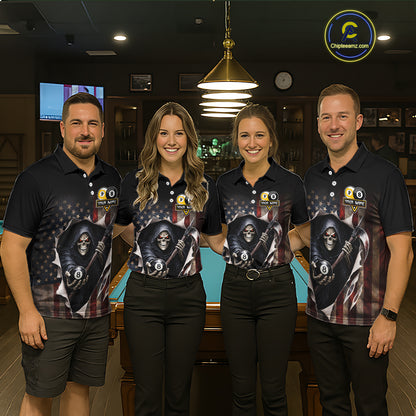 Grim Reaper 8 Ball & 9 Ball Pool American Flag Billiard Shirt For Women Custom Billiard Team Jersey TDM5638