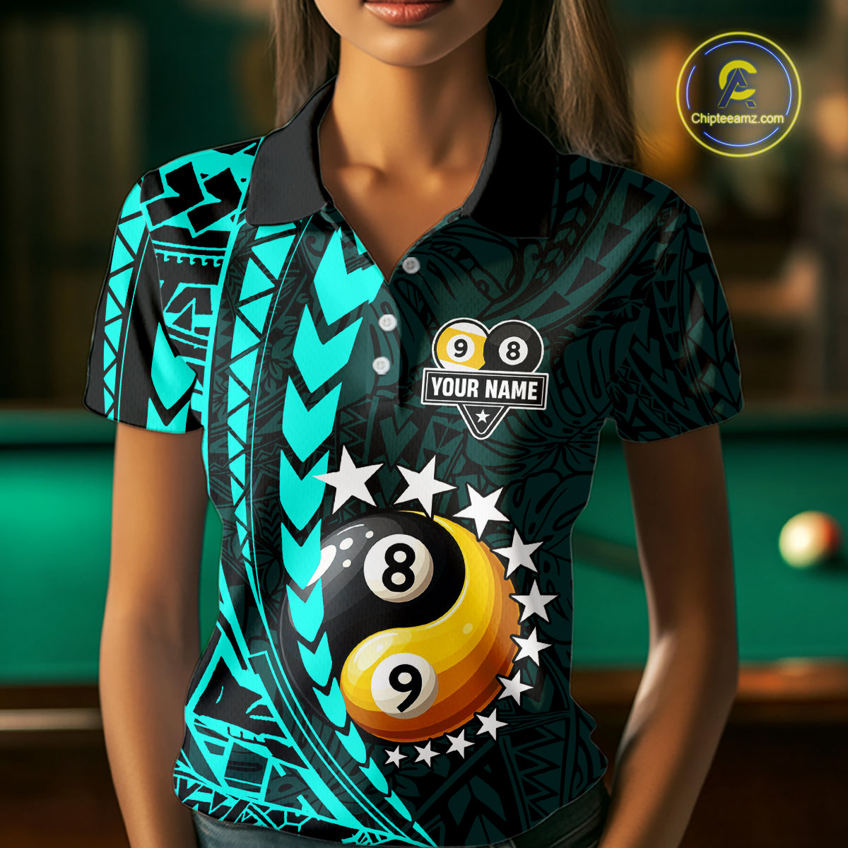 Custom Turquoise Tribal 8 Ball & 9 Ball Yin-Yang Billiard Shirt For Women, Funny Pool Team Jersey TDM5844