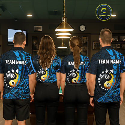 Custom Blue Tribal 8 Ball & 9 Ball Yin And Yang Billiard Shirt For Women, Funny Pool Team Jersey TDM5845