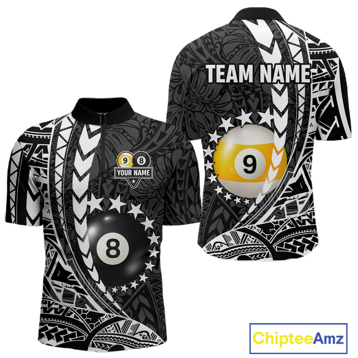Custom White Black 8 Ball & 9 Ball Tribal Billiard Shirt For Men, Funny Pool Team Jersey  TDM5847