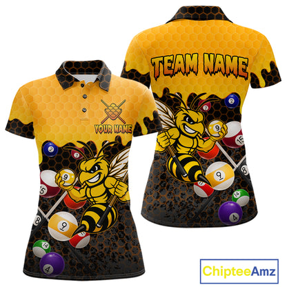 Custom Yellow Black Funny Bee 9 Ball Billiard Shirt For Women, Pool Team Jersey Polo & 1/4 Zip TDM6005