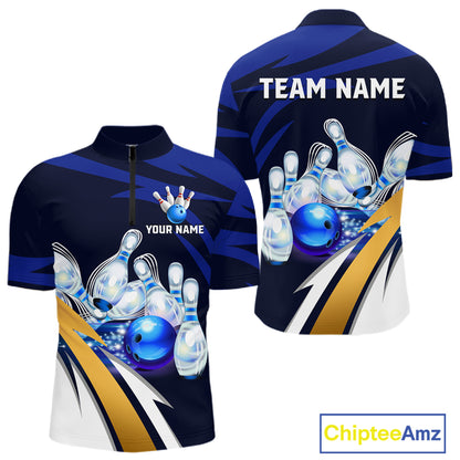 Personalized Blue Strike Ball Bowling Shirt For Men Custom Team Bowling Jersey Polo & 1/4 Zip TDM6243
