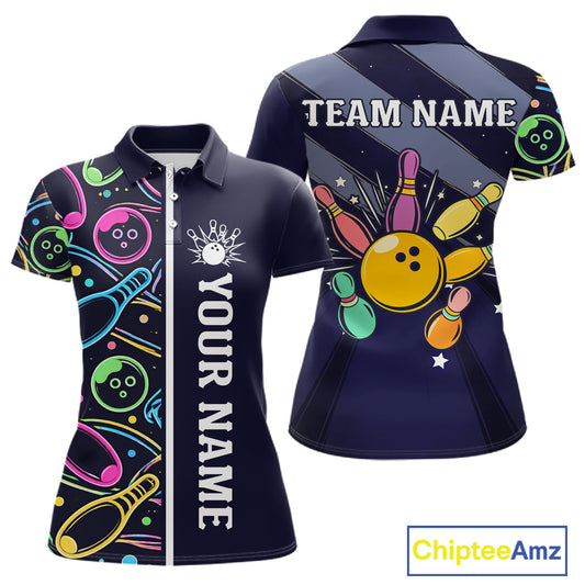 Personalized Funny Neon Bowling Shirt For Women, Retro Bowling Team Jersey Polo & 1/4 Zip | Navy Blue TDM6460