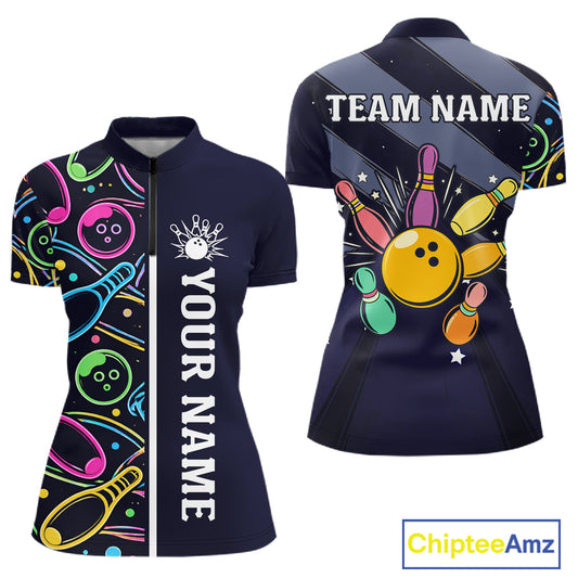 Personalized Funny Neon Bowling Shirt For Women, Retro Bowling Team Jersey Polo & 1/4 Zip | Navy Blue TDM6460