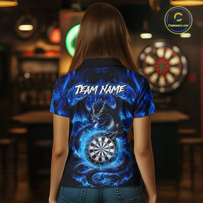 Back view of woman wearing a blue flame dragon darts jersey inside a darts arena.