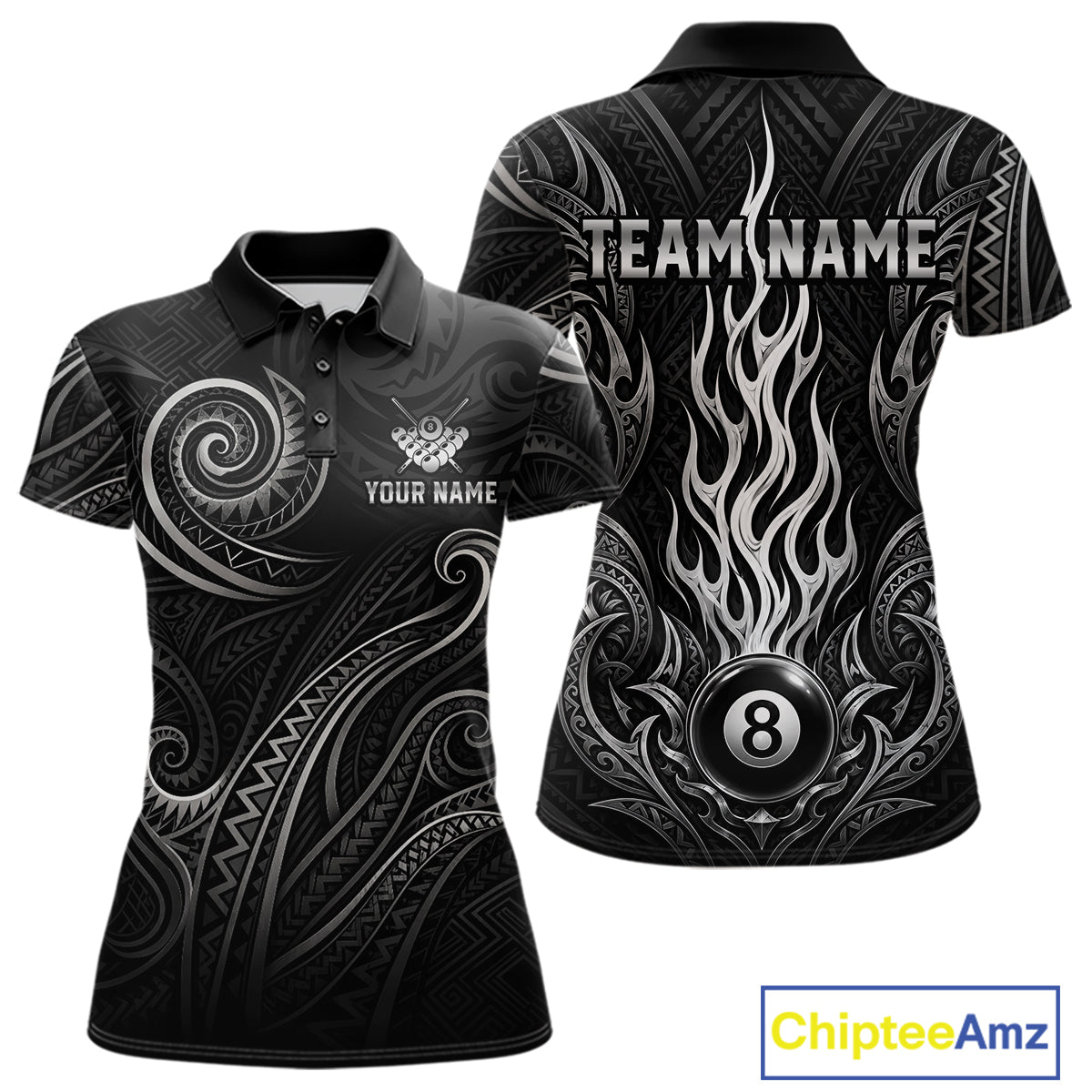 Personalized flame 8 ball billiard polo shirt for women with tribal style graphics and custom team design.