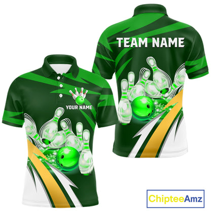Personalized green strike ball bowling team jersey polo shirt for men featuring a vibrant green strike bowling ball design, premium custom bowling league apparel.