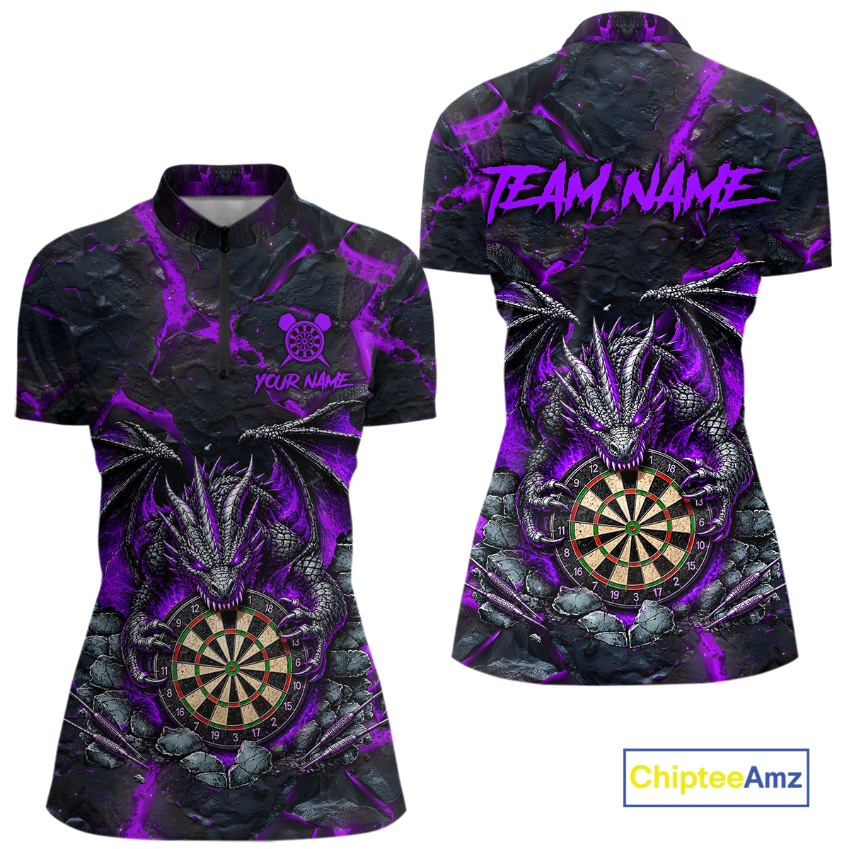 Black and Purple Fire Flame Dragon Quarter Zip Darts Shirt for Women Created for Competitive Dart League Teams with Performance Fabric and Tournament Ready Comfort