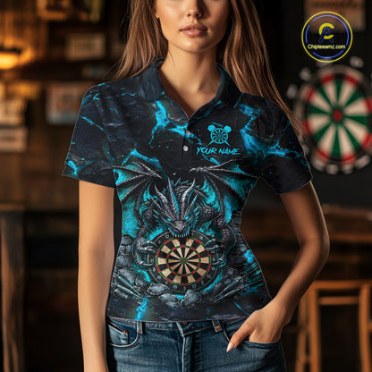 Woman Wearing Black and Turquoise Fire Flame Dragon Darts Polo Shirt with Athletic Performance Fit and Dynamic Dragon Graphic Artwork, Front View