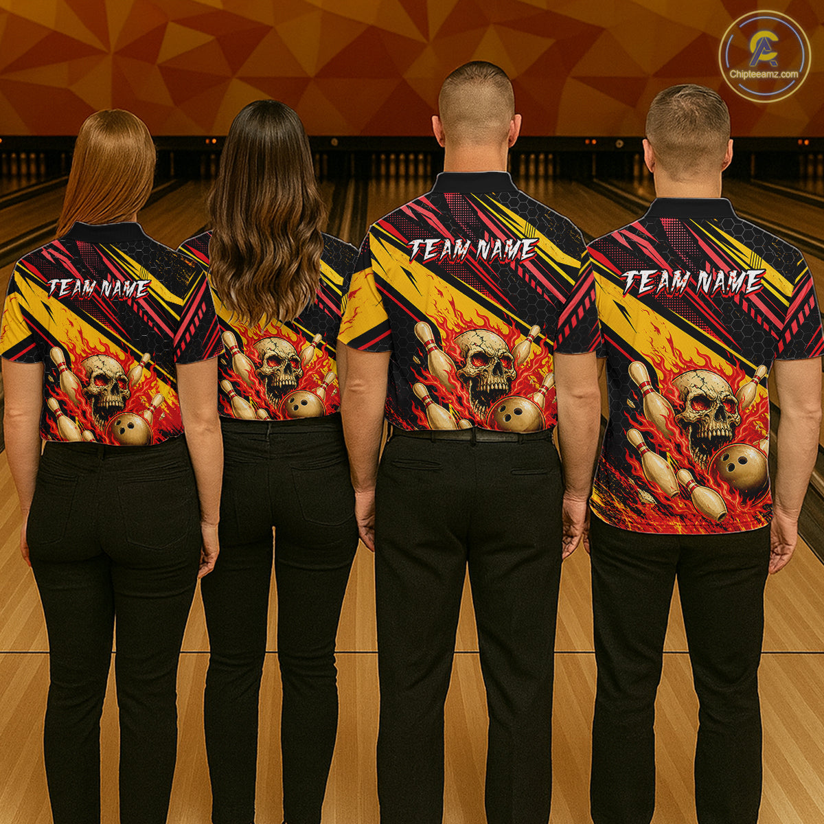 Red & Yellow Flaming Skull Bowling Jersey For Men Custom Bowling League Shirts Team Polo & 1/4 Zip TDM6476