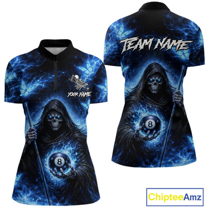 Blue Grim Reaper Butterfly Billiard Shirt For Women Custom 8 Ball Pool Team Jersey Polo & 1/4 Zip TDM6299