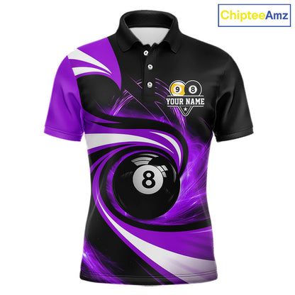 Black and purple 8 ball and 9 ball pool billiard team jersey polo shirt for men featuring bold black and purple graphics, premium custom pool league apparel for tournaments, league play and competitive billiard teams.