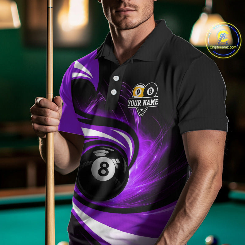 Man wearing black and purple 8 ball and 9 ball pool billiard team jersey polo shirt featuring bold black and purple graphics, front view.