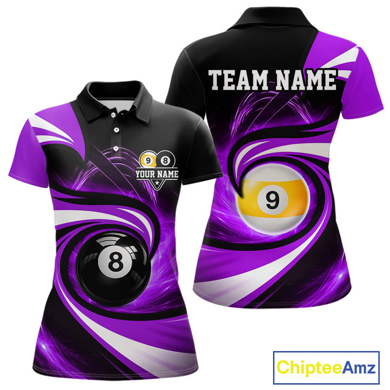 Black and purple 8 ball and 9 ball pool billiard team jersey polo shirt for women featuring bold black and purple graphics, premium custom pool league apparel for tournaments, league play and competitive billiard teams.