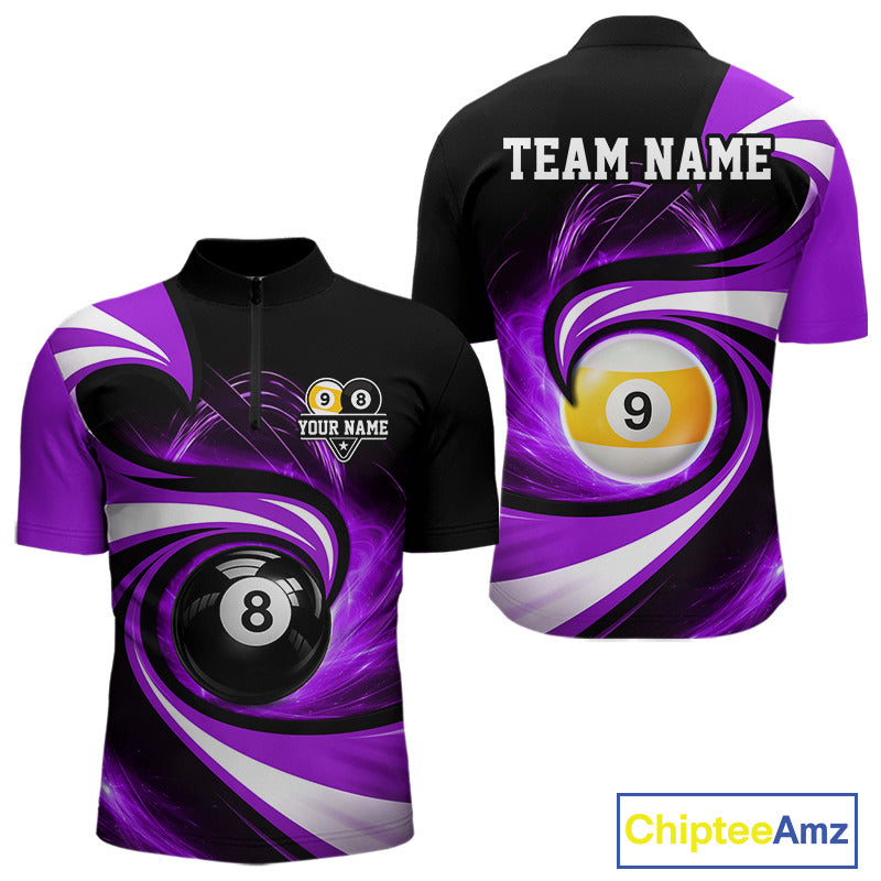 Black and purple 8 ball and 9 ball pool billiard team jersey quarter zip shirt for men featuring premium black and purple artwork, custom pool league apparel for serious billiard players.