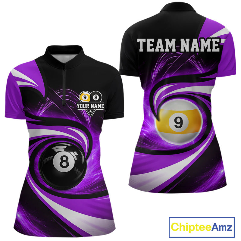 Black and purple 8 ball and 9 ball pool billiard team jersey quarter zip shirt for women featuring premium black and purple artwork, custom pool league apparel for serious billiard players.
