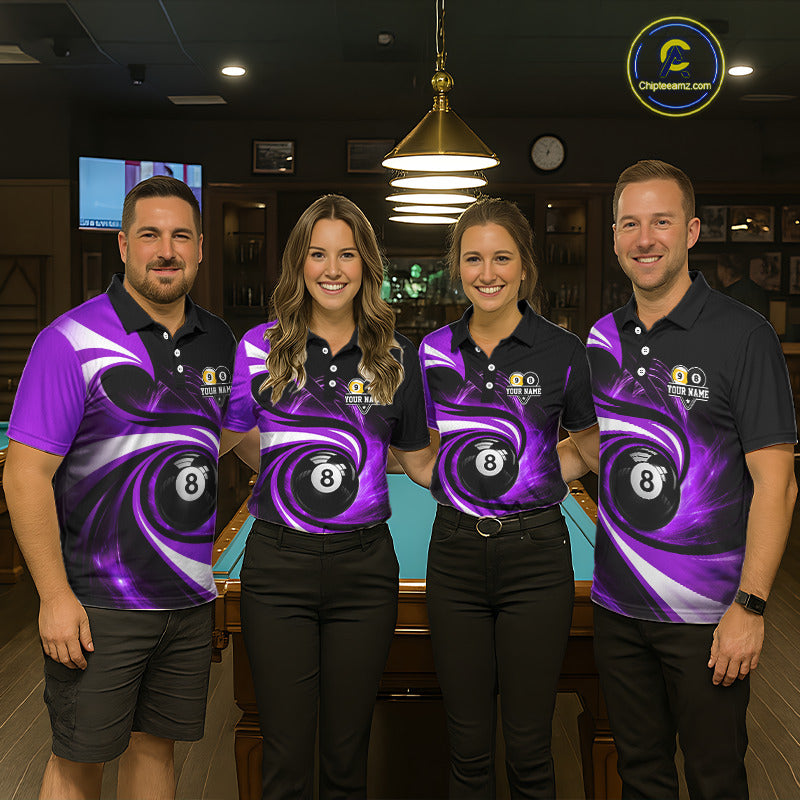 Billiard team wearing matching black and purple 8 ball and 9 ball pool team jerseys featuring premium custom graphics, front view.
