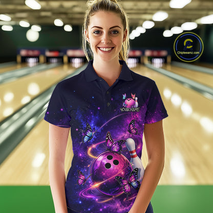 Pink And Purple Butterfly Bowling Shirt For Women Custom Glowing Bowling Jersey Polo & 1/4 Zip TDM6320