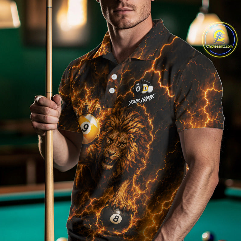 Man wearing custom yellow lightning lion 8 ball and 9 ball billiard pool team jersey polo shirt featuring the yellow lightning lion design, front view.