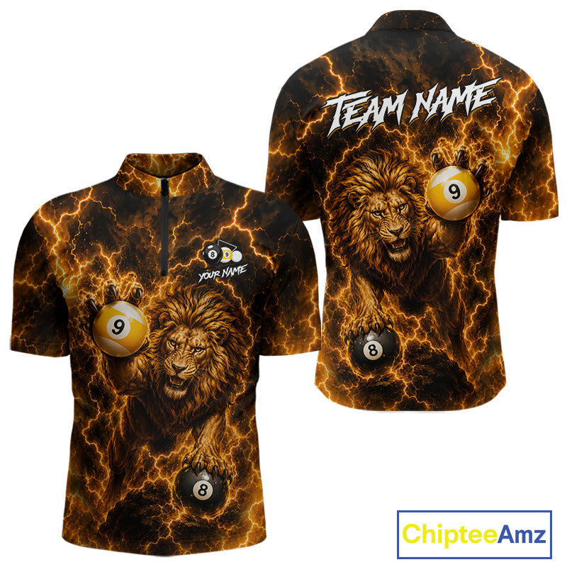 Custom yellow lightning lion 8 ball and 9 ball billiard pool team jersey quarter zip shirt for men featuring fierce lion graphics with yellow lightning artwork, premium custom billiard league apparel.