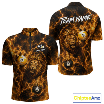 Custom yellow lightning lion 8 ball and 9 ball billiard pool team jersey quarter zip shirt for men featuring fierce lion graphics with yellow lightning artwork, premium custom billiard league apparel.