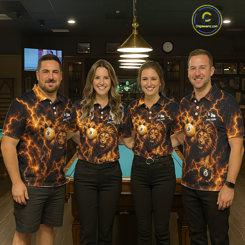 Billiard team wearing matching custom yellow lightning lion 8 ball and 9 ball pool team jerseys featuring premium lion artwork, front view.