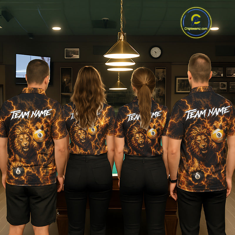 Billiard team wearing matching custom yellow lightning lion 8 ball and 9 ball pool team jerseys featuring premium lion artwork, back view.