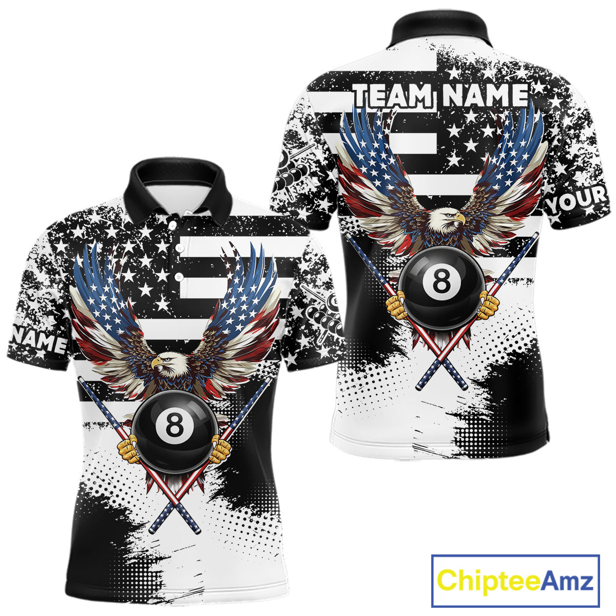 Custom Eagle American Flag 8 Ball Billiard Shirt For Men, Grunge Pool Team Jersey Polo & 1/4 Zip TDM5718