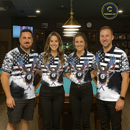 Custom Eagle American Flag 8 Ball Billiard Shirt For Women, Grunge Pool Team Jersey Polo & 1/4 Zip TDM5718