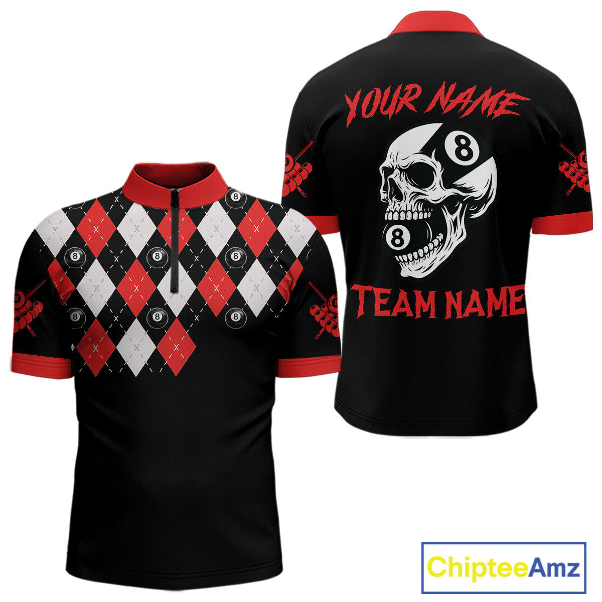 Personalized 8 Ball Pool Skull Argyle Pattern Men's Billiard Shirts, Billiard Team Jersey |Red TDM5719