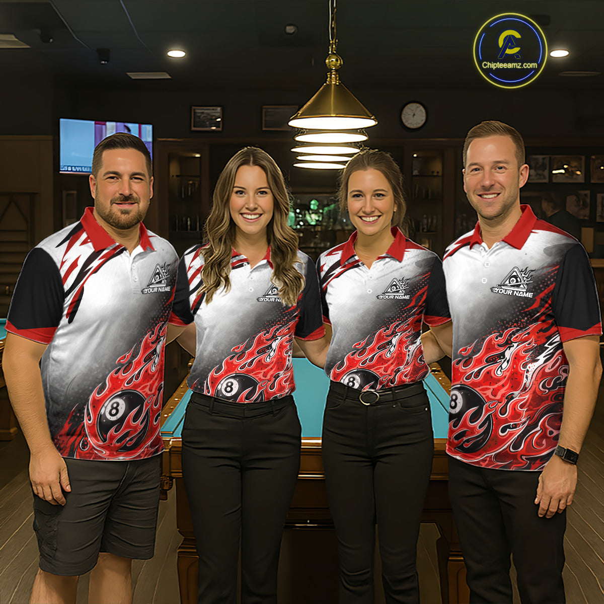 Red Flaming 8 Ball Billiard Jersey Custom Women's Billiard Polo & Quarter Zip, Pool Team Jersey TDM5726
