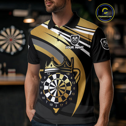 Black And Gold Dartboard Crown Darts Shirt For Men Custom Darts Sport Jersey Team Polo & 1/4 Zip TDM4793