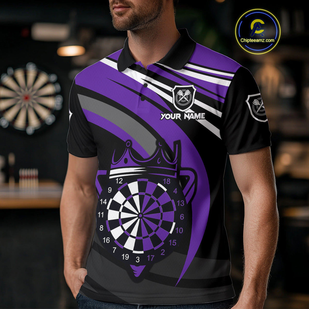 Black And Purple Dartboard Crown Darts Shirt For Men Custom Darts Sport Jersey Team Polo & 1/4 Zip TDM4794