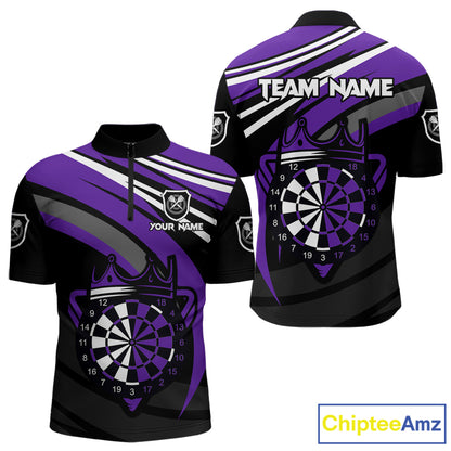 Black And Purple Dartboard Crown Darts Shirt For Men Custom Darts Sport Jersey Team Polo & 1/4 Zip TDM4794