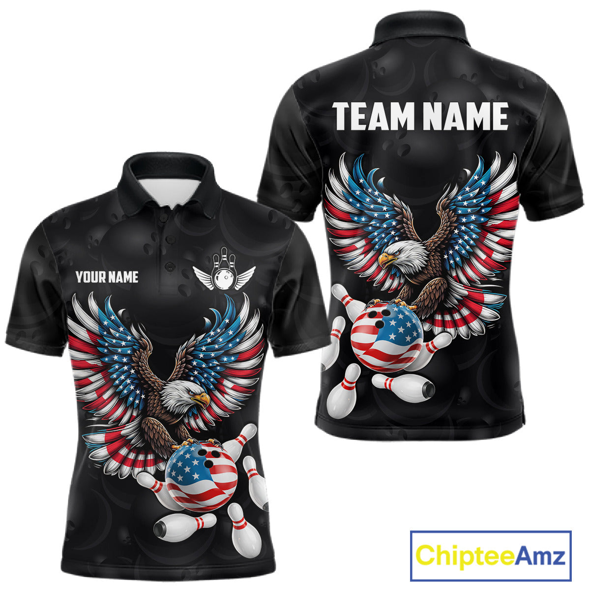 Personalized American Flag Eagle Bowling Polo & 1/4 Zip For Men, Patriotic Bowling Team Jersey TDM6098