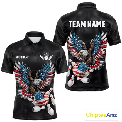 Personalized American Flag Eagle Bowling Polo & 1/4 Zip For Men, Patriotic Bowling Team Jersey TDM6098