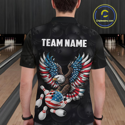 Personalized American Flag Eagle Bowling Polo & 1/4 Zip For Men, Patriotic Bowling Team Jersey TDM6098