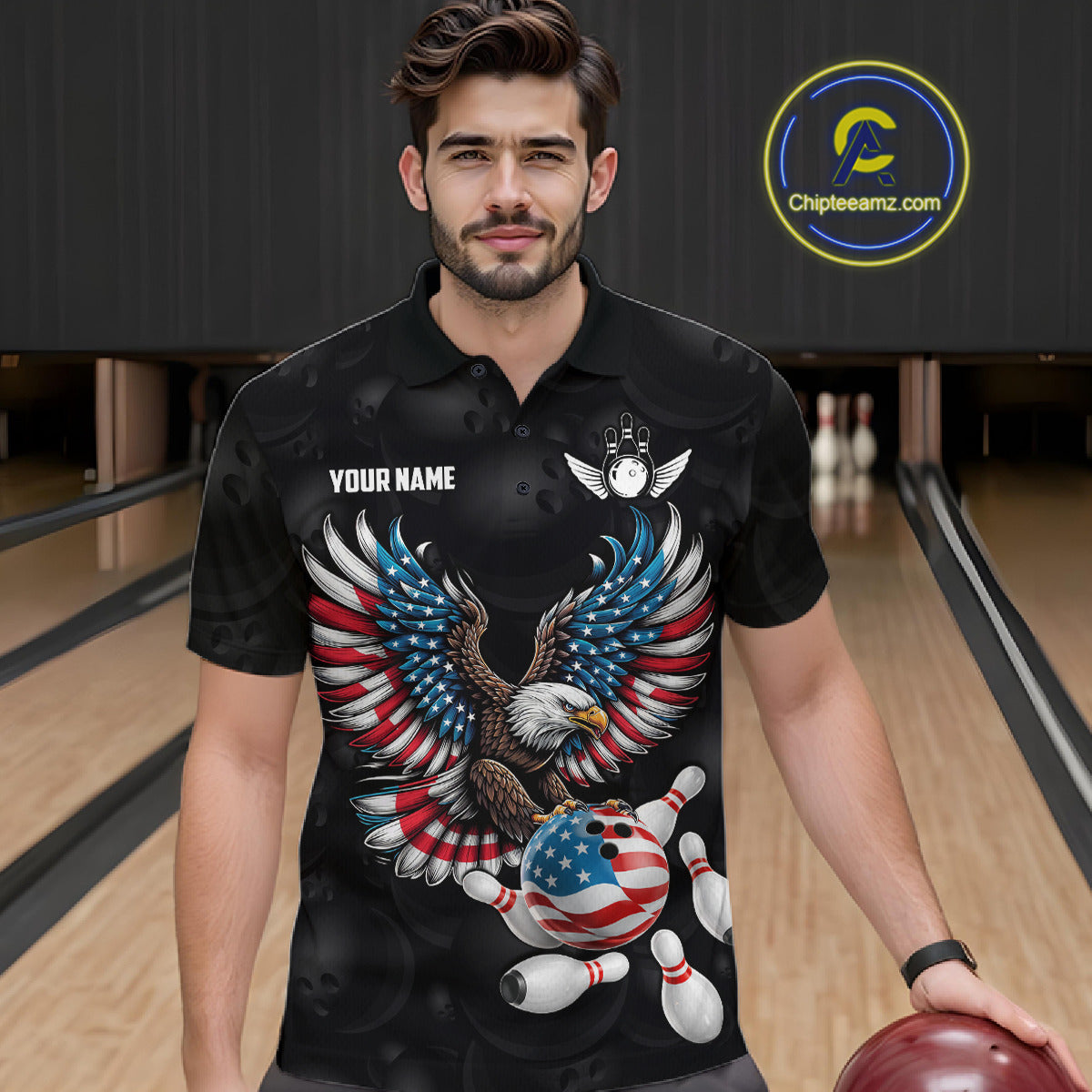 Personalized American Flag Eagle Bowling Polo & 1/4 Zip For Men, Patriotic Bowling Team Jersey TDM6098