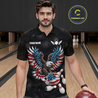 Personalized American Flag Eagle Bowling Polo & 1/4 Zip For Men, Patriotic Bowling Team Jersey TDM6098
