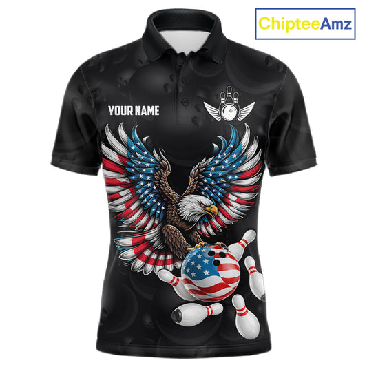 Personalized American Flag Eagle Bowling Polo & 1/4 Zip For Men, Patriotic Bowling Team Jersey TDM6098