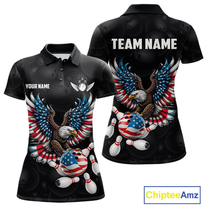 Personalized American Flag Eagle Bowling Polo & 1/4 Zip For Women, Patriotic Bowling Team Jersey TDM6098