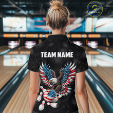 Load image into Gallery viewer, Personalized American Flag Eagle Bowling Polo &amp; 1/4 Zip For Women, Patriotic Bowling Team Jersey TDM6098