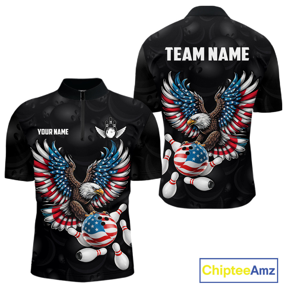 Personalized American Flag Eagle Bowling Polo & 1/4 Zip For Men, Patriotic Bowling Team Jersey TDM6098